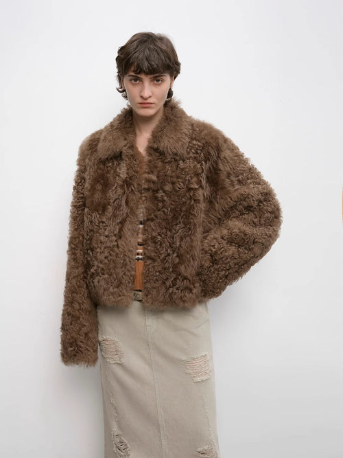Fireladyfur Women's Soft & Warm Short Wool Sheepskin Coat“Blackmoon
