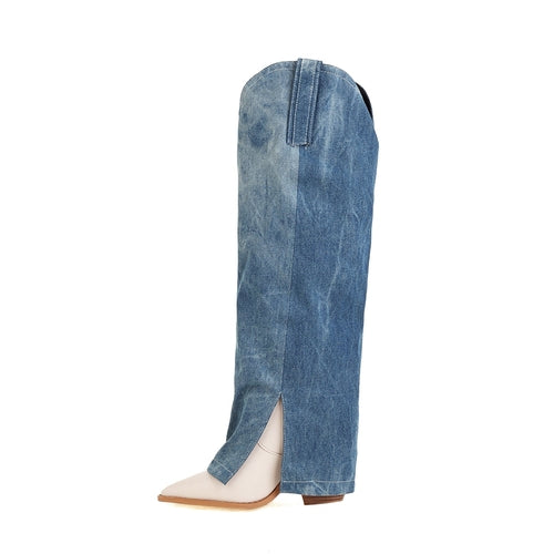 Denim Knee-Length Boots: Super High Wood Heel
