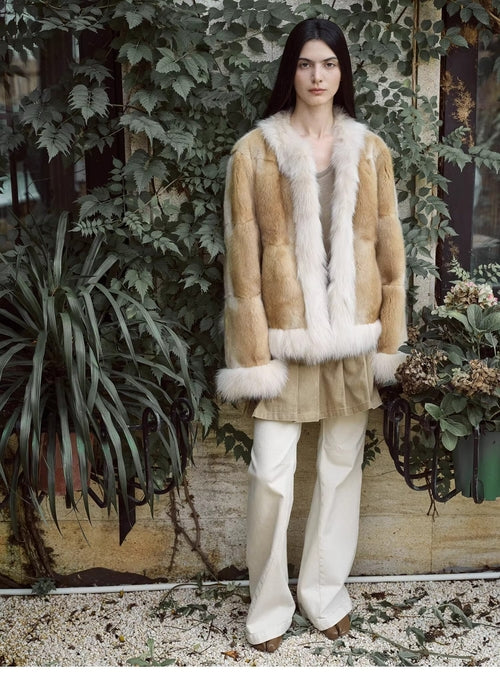 Fireladyfur Women's  Blue Mink & Fox Fur Patchwork Coat "Casual Gene"