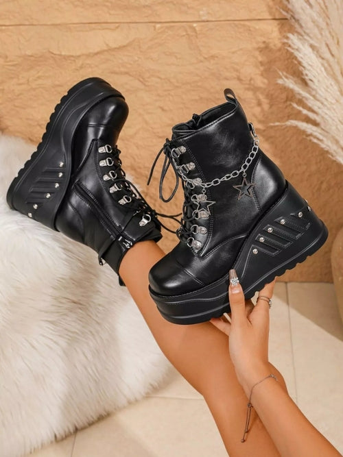 Fashion Platform Goth Boots : With Lace up Wedges Chain