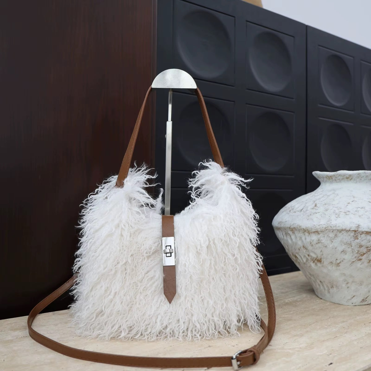 White Mongolian Lamb Fur Luxe Shoulder Bag