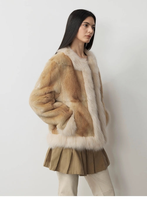 Fireladyfur Women's  Blue Mink & Fox Fur Patchwork Coat "Casual Gene"
