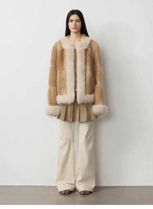 Fireladyfur Women's  Blue Mink & Fox Fur Patchwork Coat "Casual Gene"