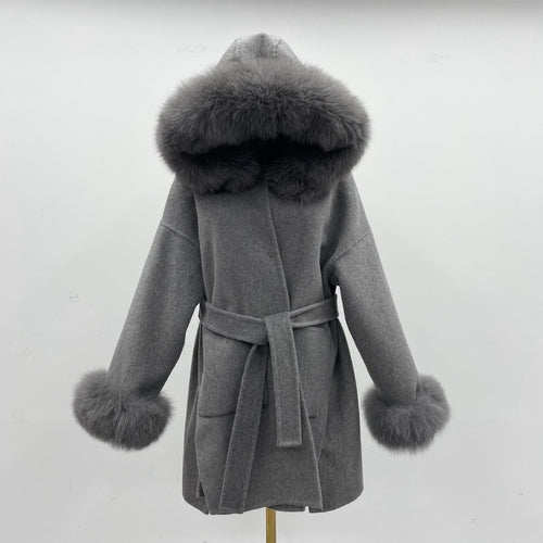 Oversized Fur Collar Hooded Double-Sided Wool Coat – Luxurious Warmth