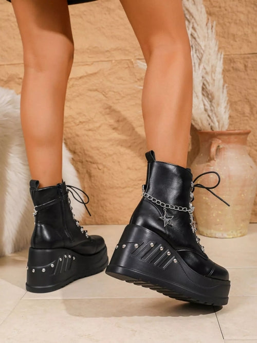 Fashion Platform Goth Boots : With Lace up Wedges Chain