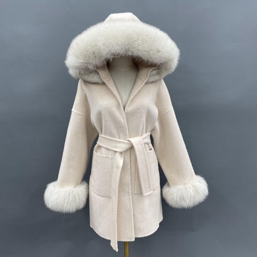 Oversized Fur Collar Hooded Double-Sided Wool Coat – Luxurious Warmth