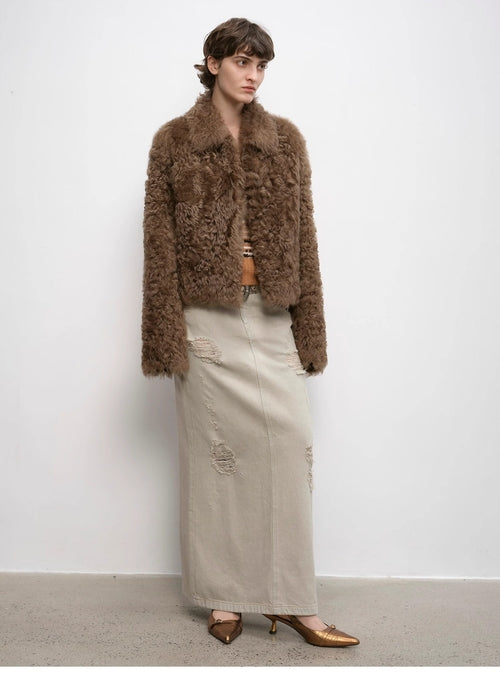 Fireladyfur Women's Soft & Warm Short Wool Sheepskin Coat“Blackmoon