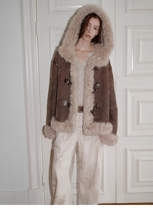 "Modern Weekend" Drop Shoulder Hooded Merino Wool Sheepskin Fur Coat