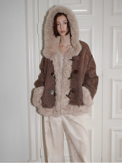 "Modern Weekend" Drop Shoulder Hooded Merino Wool Sheepskin Fur Coat