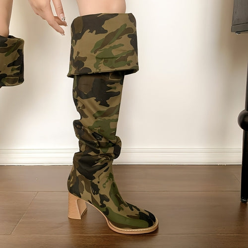 Women's Round Head Camouflage Denim Chunky Heel Long Boots