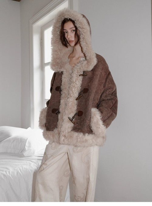 "Modern Weekend" Drop Shoulder Hooded Merino Wool Sheepskin Fur Coat