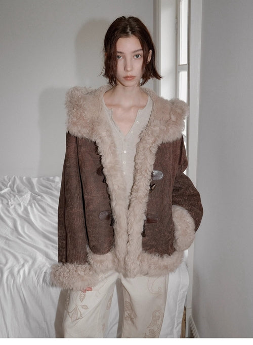"Modern Weekend" Drop Shoulder Hooded Merino Wool Sheepskin Fur Coat