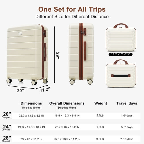 Ivory and Brown Hardside Luggage Set with Spinner Suitcases and