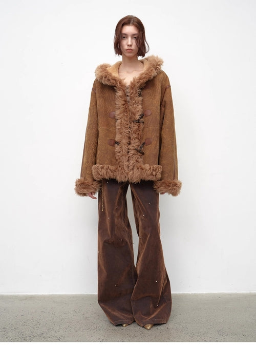 "Modern Weekend" Drop Shoulder Hooded Merino Wool Sheepskin Fur Coat