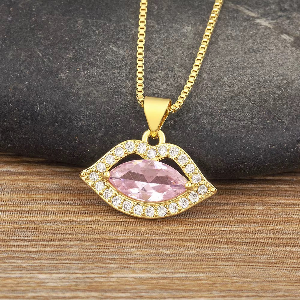 Pink Kiss Me Luxe Crystal Lips Necklace
