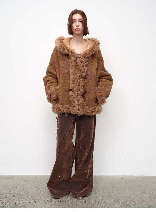 "Modern Weekend" Drop Shoulder Hooded Merino Wool Sheepskin Fur Coat