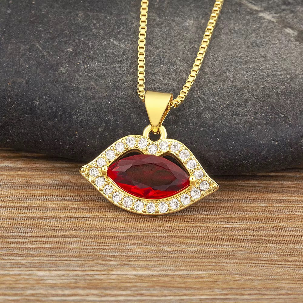 Red Kiss Me Luxe Crystal Lips Necklace
