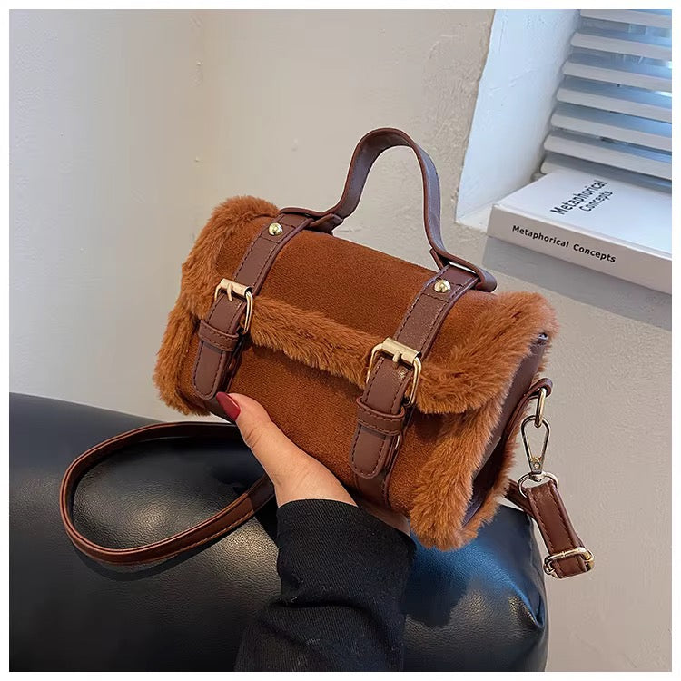Luxe Fur Trim Satchel Crossbody Caramel Brown