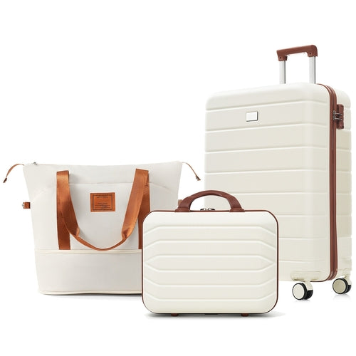 Ivory and Brown Hardside Luggage Set with Spinner Suitcases and