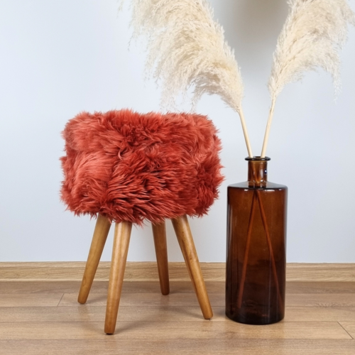 Red genuine sheepskin stool with oak legs