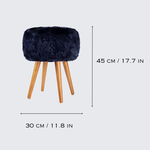 Dark blue genuine sheepskin stool with oak legs