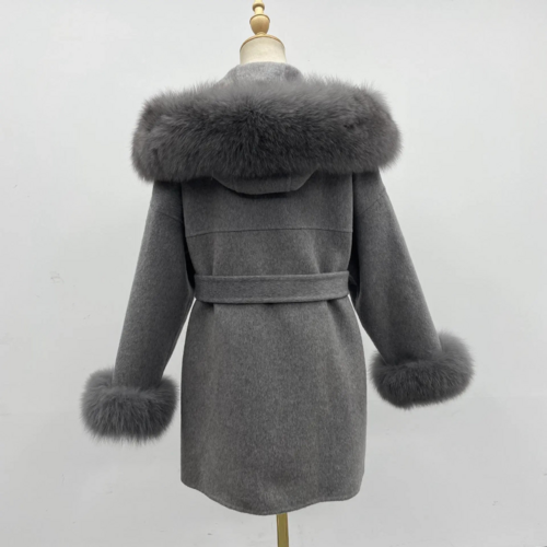 Oversized Fur Collar Hooded Double-Sided Wool Coat – Luxurious Warmth