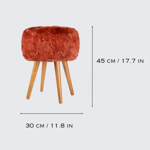 Red genuine sheepskin stool with oak legs