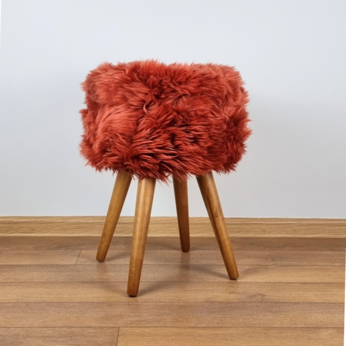Red genuine sheepskin stool with oak legs