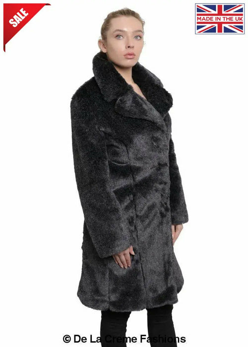 De La Creme - Womens Faux Fur Large Lapel Mid Length Coat