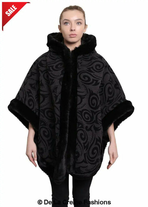 De La Creme - Women's Tribal Print Fur Lined Hooded Cape