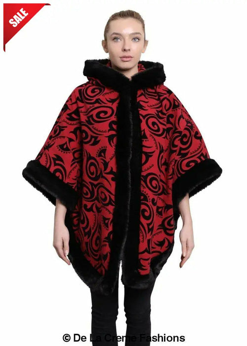 De La Creme - Women's Tribal Print Fur Lined Hooded Cape