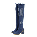 Denim stretch women's boots over the knee long boots metal thick heel