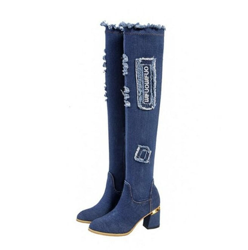 Denim stretch women's boots over the knee long boots metal thick heel