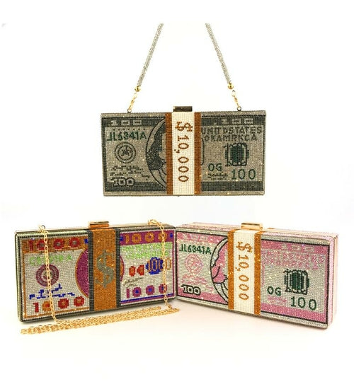 Money Clutch Rhinestone Purse 10000 Dollars chain bag Stack of Cash